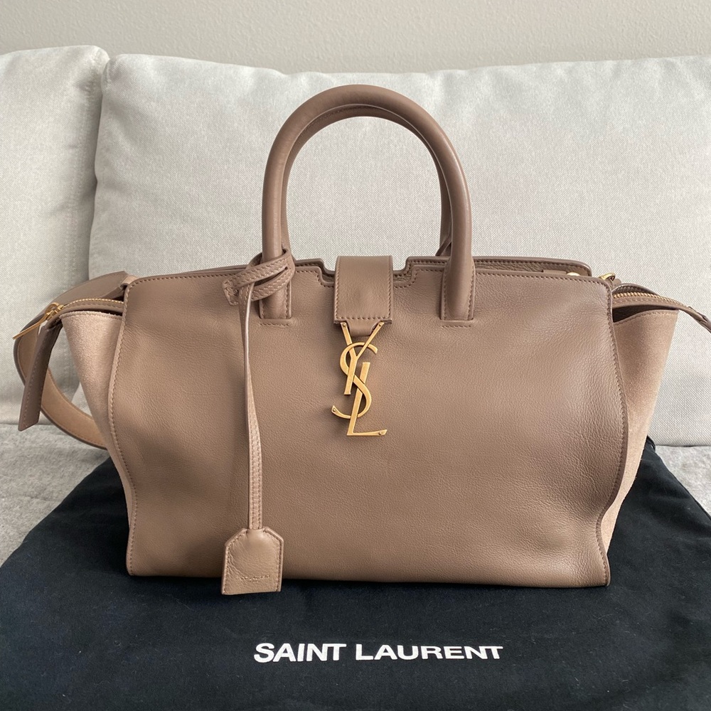 YSL Yves Saint Laurent Small Downtown Cabas Tan Suede and Leather Bag